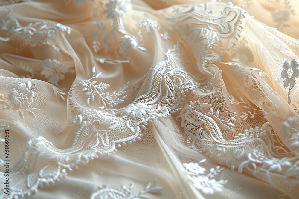A close-up of a white lace fabric with floral embroidery. The fabric is soft and flows loosely, and the detailed flowers add a touch of elegance.