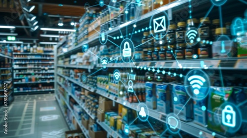Innovative smart retail store shelves with digital icons displaying cyber security, wi-fi, and connectivity features