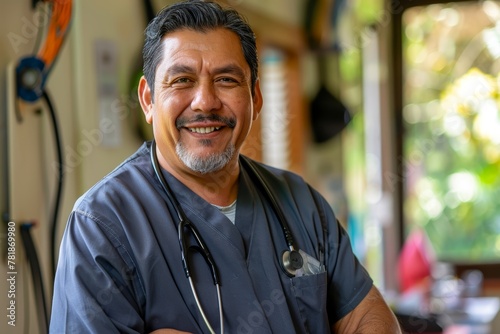  Portrait of a veterinary male doctor holding a stethoscope, smiling in celebration of Veterinary Day.