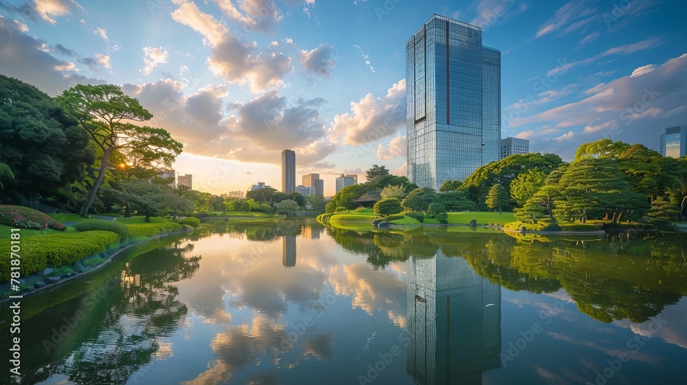 Modern building mirrors clouds above peaceful green space, showing nature-city harmony. Glass building and green park mix, showing a peaceful city-nature blend.