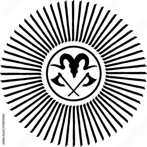 Vektor Symbolik - Opfer Rituale - Nordische Kultur und Mythologie - Kreis mit Äxten und gehörntem Schädel - Sonne mit Strahlen