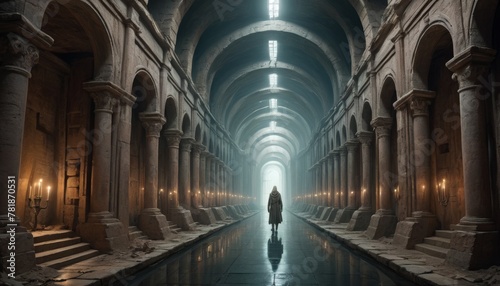 A solitary figure stands at the end of a grand  dimly-lit cathedral hallway  flanked by rows of burning candles  conveying a serene yet mysterious atmosphere. AI Generation