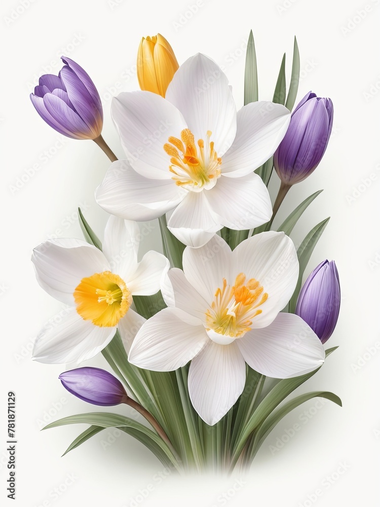 Naklejka premium 3d wild flowers, leaves, nature, soft colors, freshness, pastel tones on white background 