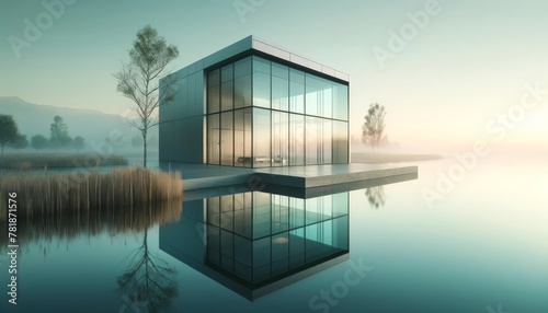 Modern glass house by lake, with morning mist and soft sunrise colors. Calm waters mirror a modern glass house at sunrise. photo