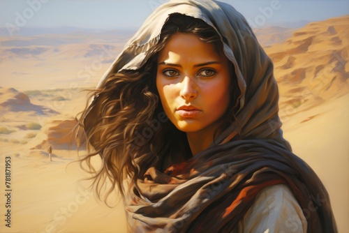 Allure of a young Bedouin woman  her eyes reflecting the depth of the desert skies  her pastel brown attire flowing gracefully in the wind as she traverses the sandy terrain