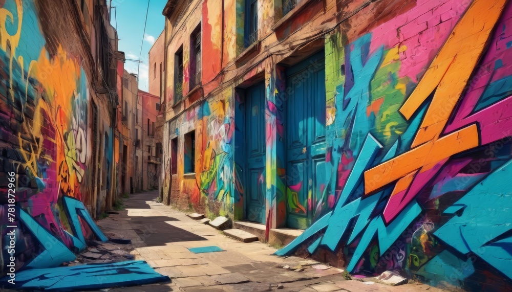 Fototapeta premium Urban street art showcasing vibrant graffiti on the weathered walls of a narrow alley, invoking a sense of creative expression.. AI Generation