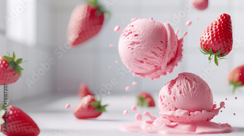 Strawberry Splash. Two scoops of strawberry ice cream are captured mid-melt, with fresh strawberries and droplets suspended in air, showcasing a dynamic and refreshing scene.