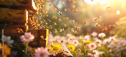 Beekeeping A Close-up View of Honeycomb and Bees in a Flowery Field Generative AI