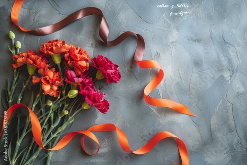 A red carnation and an orange and black striped Saint George's ribbon on a background with gray tiles. Blank space for text or a message. National celebration of victory day in Russia. 9 may