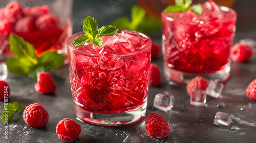 Refreshing summer drink with strawberry slices in glasses on white background,Gradient cocktail with strawberry, mint and crused ice, selective focus,Refreshing summer drink with strawberry slices  