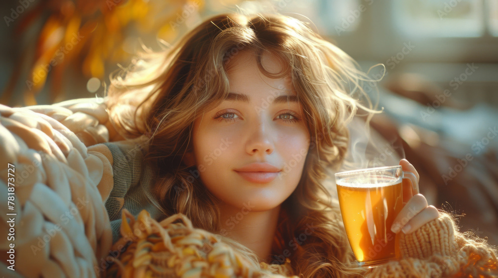 custom made wallpaper toronto digitalHappy young woman drinking a cup of tea in an autumn morning. Dreaming girl sitting in living room with cup of hot coffee enjoying under blanket with closed eyes. Pretty woman wearing sweater at home.