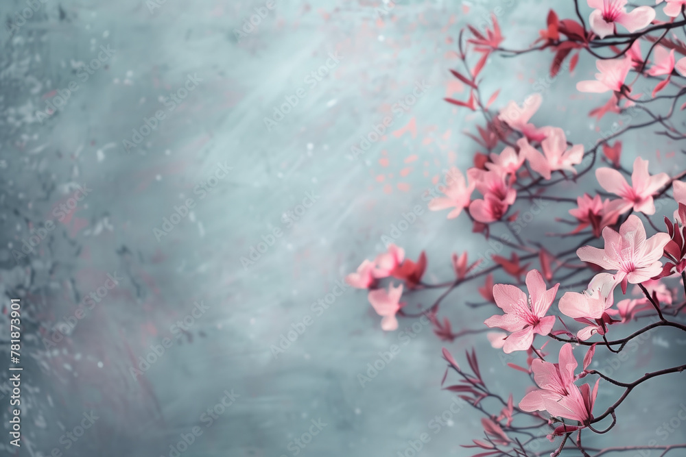 Slide background with colorful blossom branches framing on a painted wall. Background image. Created with Generative AI technology.