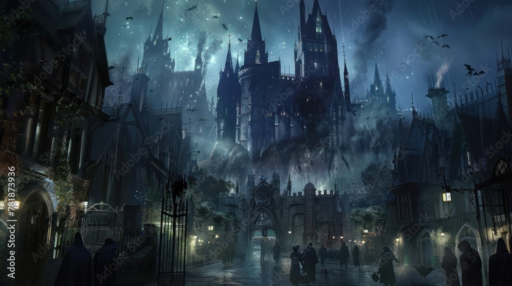 Gothic-themed amusement park or entertainment complex featuring dark, immersive attractions and fantastical architecture  