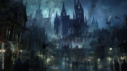 Gothic-themed amusement park or entertainment complex featuring dark, immersive attractions and fantastical architecture 
