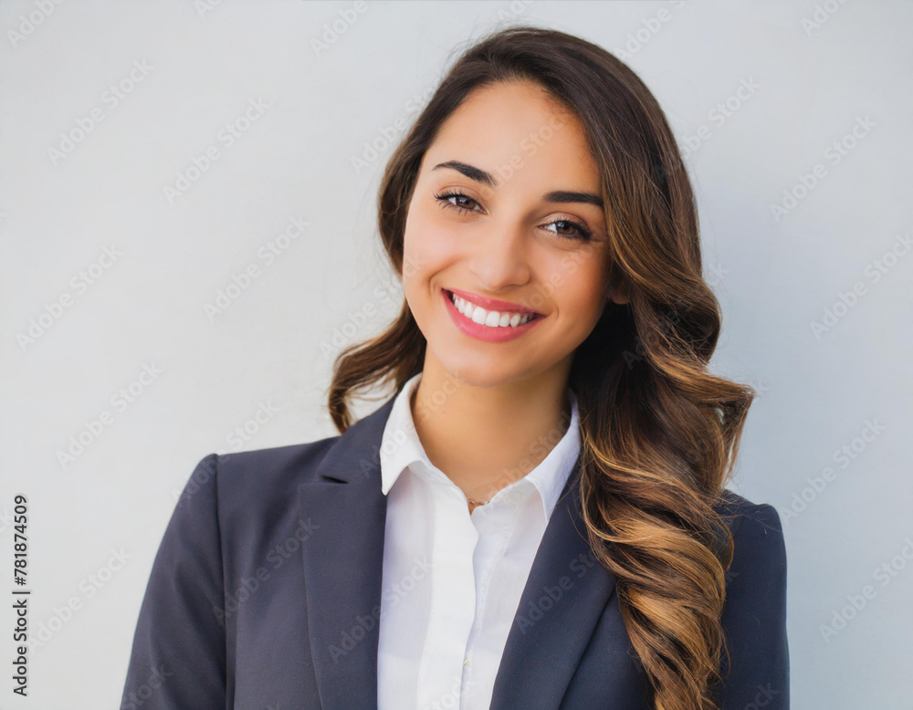 Young business brunette woman on white background happy smiling and cheerful portrait Young business brunette woman on white background happy smiling and cheerful portrait