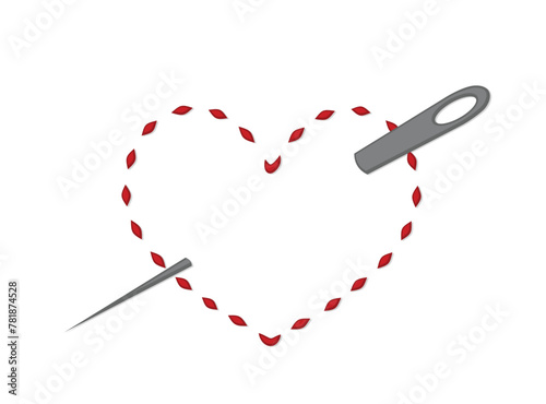 The symbol of a red embroidered heart with needle.
