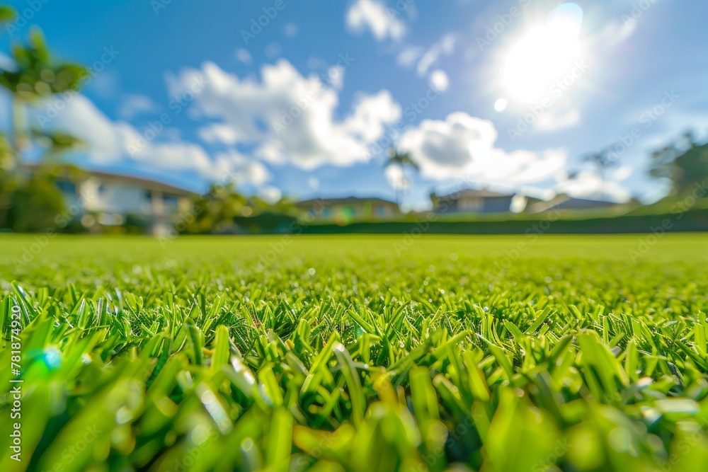 Close-up of a fresh green-trimmed lawn with a blue sky and clouds Close-up of a fresh green-trimmed lawn with a blue sky and clouds