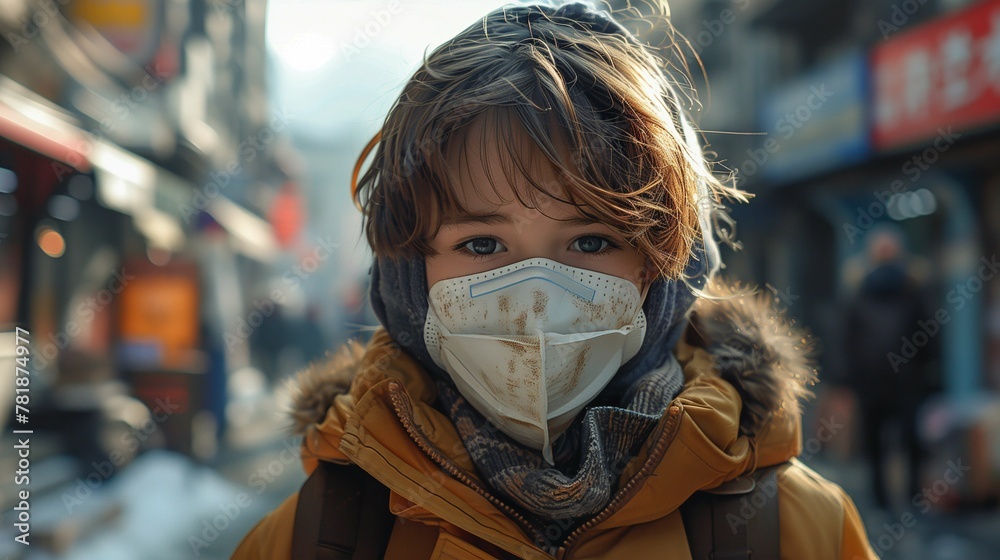 Child Wearing Face Mask on Winter Street Child Wearing Face Mask on Winter Street