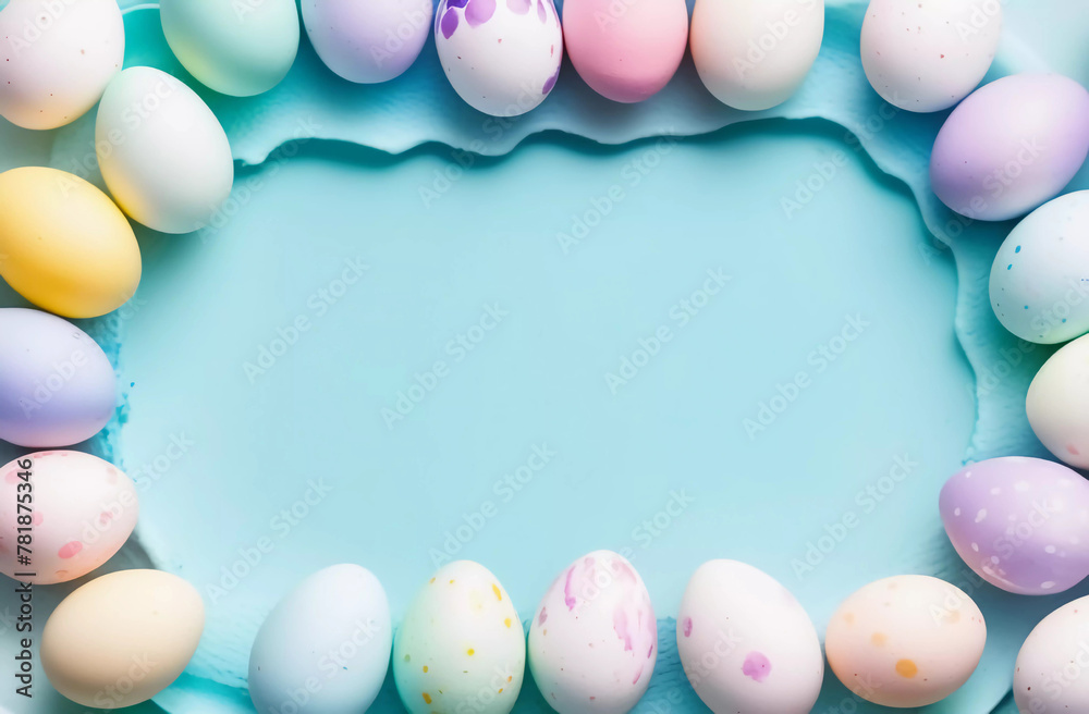 Easter watercolor background with frame and eggs. Festive background with copy space. Generative AI