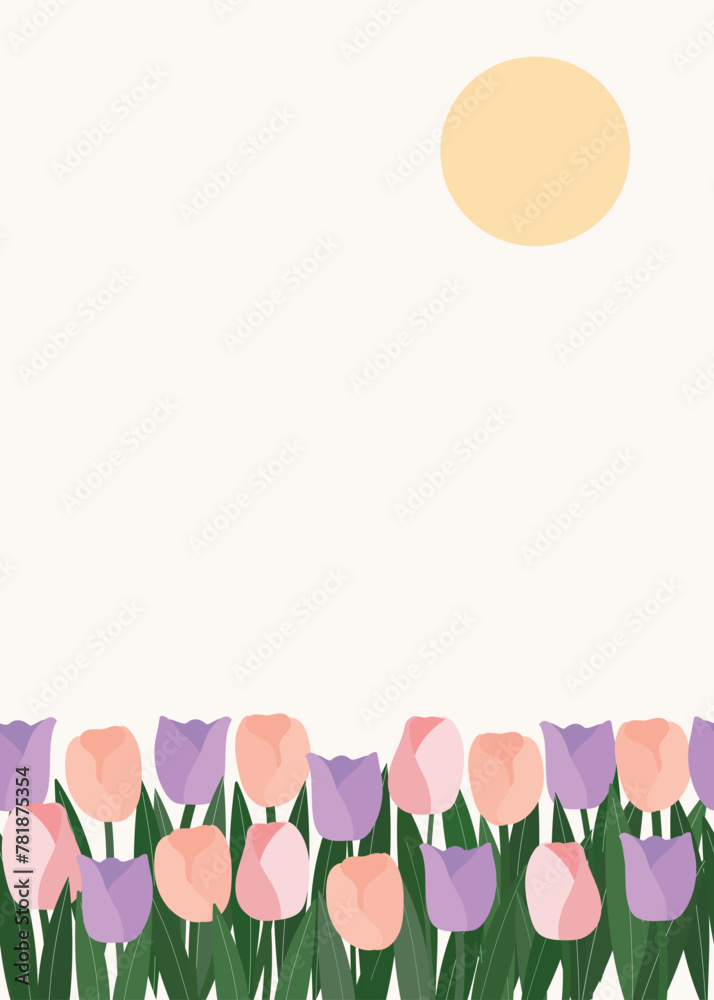Cute pastel Tulips flowers frame with sun background handdrawn vector illustration for invitation greeting birthday party celebration wedding card poster banner textile wallpaper paper wrap 