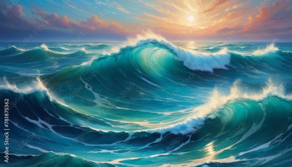 Waves crest powerfully in a deep blue sea under a golden sunset sky, evoking the majesty of the ocean. AI Generation