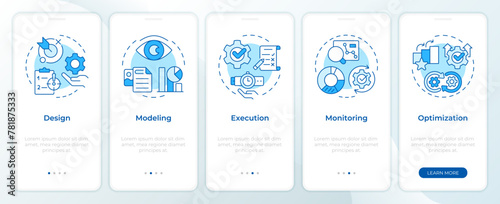 Business organization stages blue onboarding mobile app screen. Walkthrough 5 steps editable graphic instructions with linear concepts. UI, UX, GUI template. Montserrat SemiBold, Regular fonts used