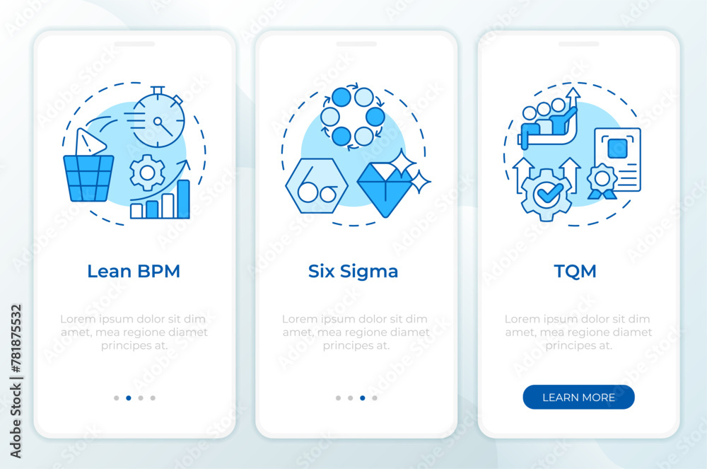 BPM methodologies blue onboarding mobile app screen. Walkthrough 3 ...