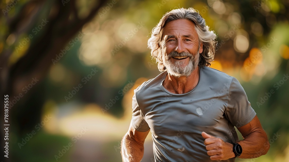 Smiling Mature Man Jogging Outdoors - obrazy, fototapety, plakaty 