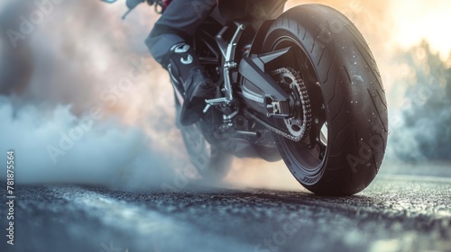 biker staying on bike on road with smoke of the tire, burn out in the moto show