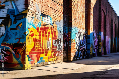 Brick wall covered in vibrant graffiti art.