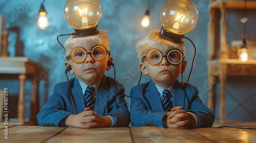 Twin Boys with Light Bulb Hats in a Creative Concept Setting