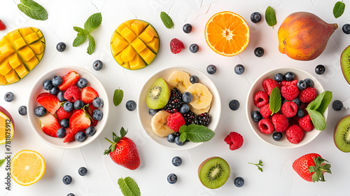 Mix of fresh berries on white background, top view delicious fruit salad with mango, berry and health food, cut fruit platter background, strawberries,Fresh fruit salad in the bowl