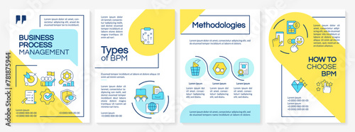 BPM methodologies organization blue and yellow brochure template. Leaflet design with linear icons. Editable 4 vector layouts for presentation, annual reports. Questrial, Lato-Regular fonts used