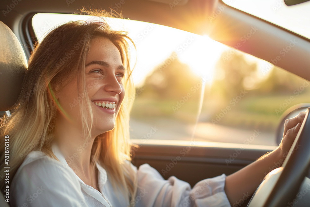 Fototapeta premium smiling woman driving a car. Close up portrait