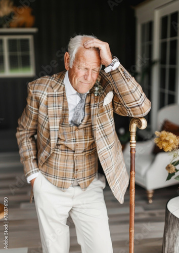 Obraz na płótnie Reflective Moment: Elderly Gentleman in Plaid, Embracing Memories with a Sigh, Timeless Elegance and Grace w salonie