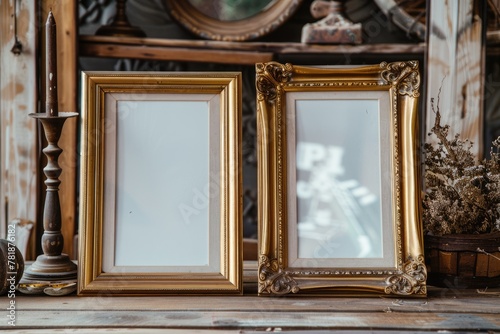 Double Frame on Brown Desk. Two-Story Empty Frame with Copy Space for Memory Object