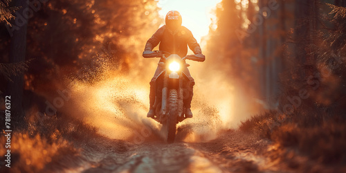 man racer motorcyclist on sport enduro motorcycle riding in race in on dusty forest road at sunset © alexkoral