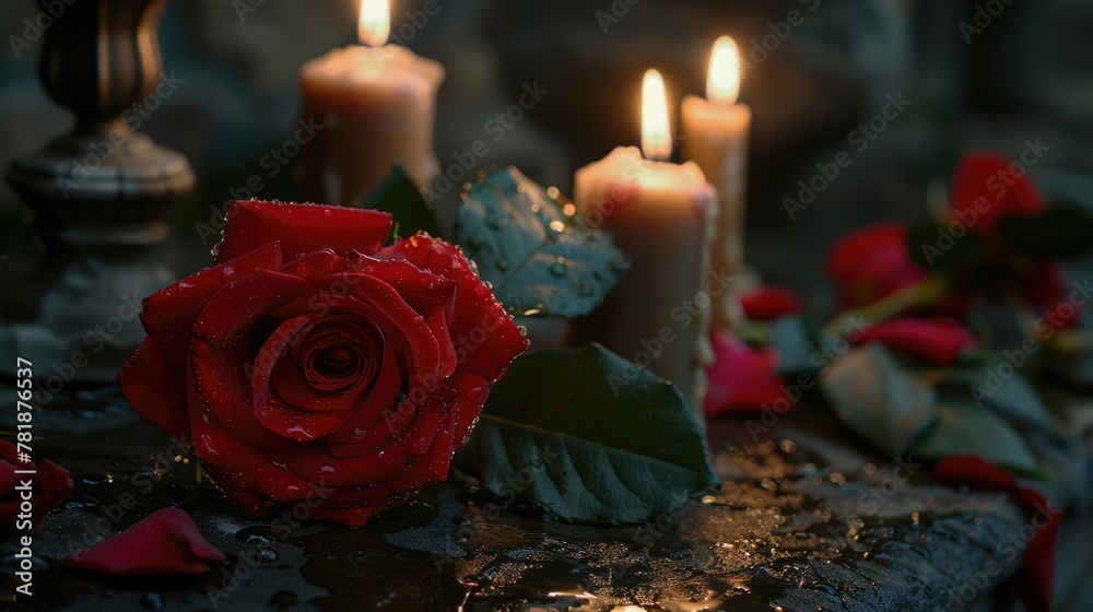 Obraz premium Funeral Remembrance: Red Rose and Cremation Urn with Burning Candlelight in Church or Chapel
