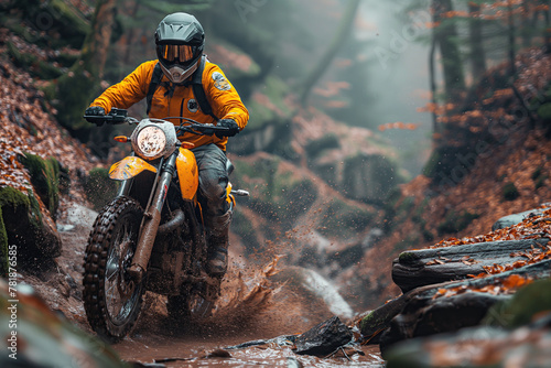 man racer motorcyclist on a sport enduro motorcycle riding in race in on dirty forest road