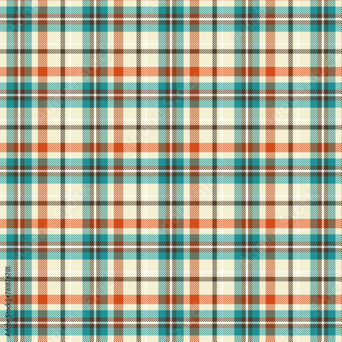 Seamless plaid patterns in green orange brown and beige for textile design. Tartan plaid pattern with square-shaped graphic background for a fabric print. Vector illustration.