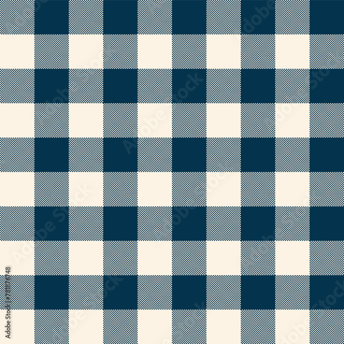 Seamless pixel and checkered patterns in dark blue and beige for textile design. Gingham pattern with a square-shaped graphic background for a fabric print. Vector illustration.