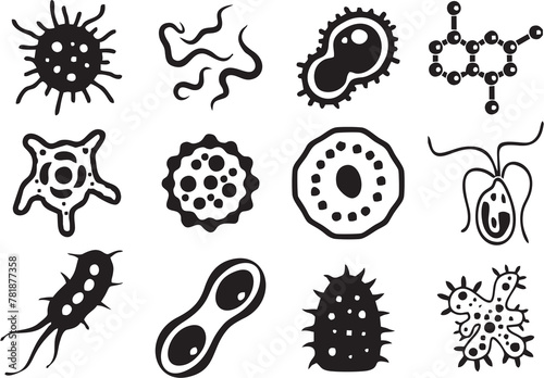 Microbiology insects, Bacteria, Microbes and Viruses Icons. Diseases control,pharmaceutical marketing. Bacteria and virus killing and control insecticide poster or banner for media and web.  photo