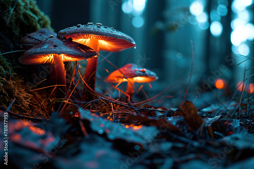 Fantasy glowing mushrooms in mystery dark forest at night. The magical glow of mushrooms. Generated by artificial intelligence