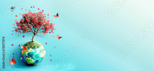 Illustration of Growing tree on globe on blue background. national Arbor Day banner
