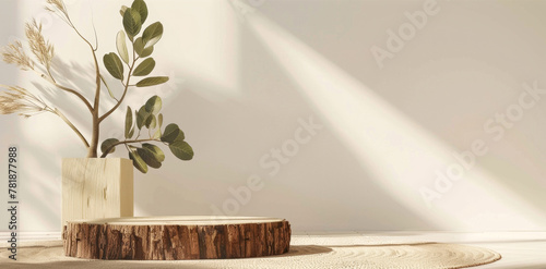 Wooden product podium with plant. Minimalistic modern banner