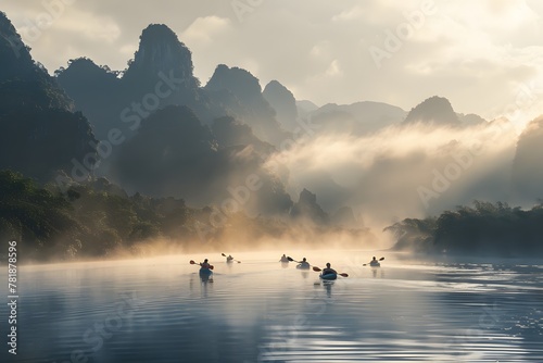 Misty River Morning: Kayakers Exploring Serene Mountainous Waterscape © maikuto