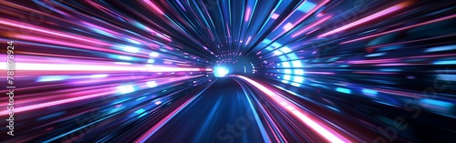 futuristic neon tunnel at warp speed with streaks of light