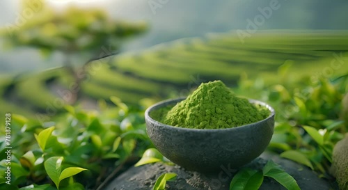 Fresh green matcha powder on a blurred tea field, zen essence