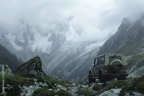 Off-road vehicle parked in mountainous terrain with fog surrounding the snow-capped peaks photo