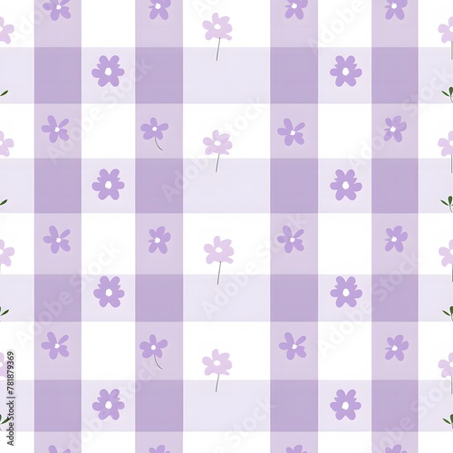 gingham seamless pattern with daisies, pale lavender color, white background